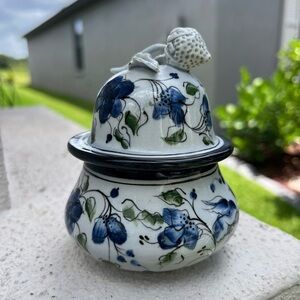 Hand Painted Blue Floral Ceramic Jam Jar with Strawberry Lid – Vintage 1997